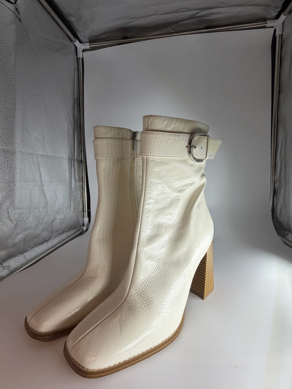 Nine West Cream Leather-Look Ankle Boots with Buckle